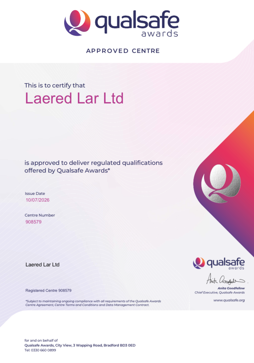 Qualsafe Awards Approved Centre certificate issued to Laered Lar Ltd, centre number 908579, dated 10/07/2026