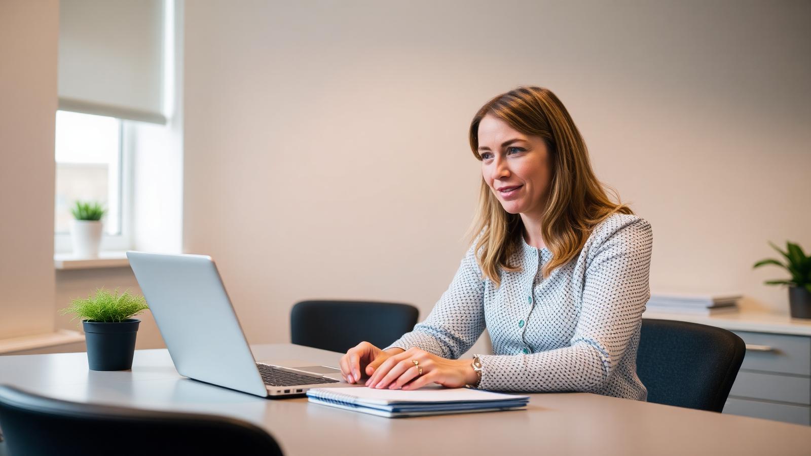A practice manager arranging staff training at a desk with a laptop and notepad